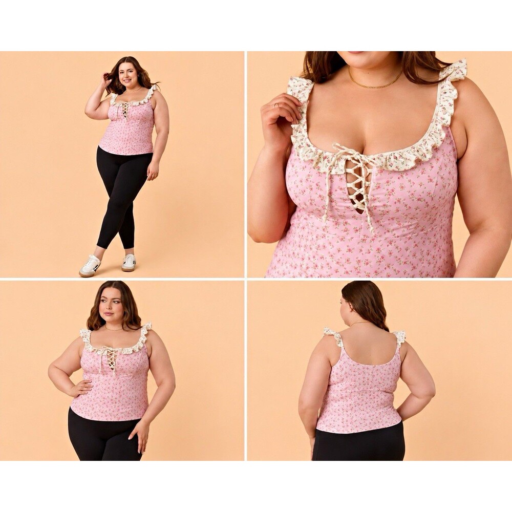 Blogilates Pink/White Floral Ruffle Lace-Up Tie Tank Top 1X